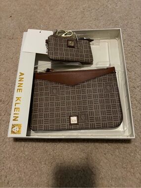 Anne Klein Brown Patterned Wristlet and Mini Card Pouch Set